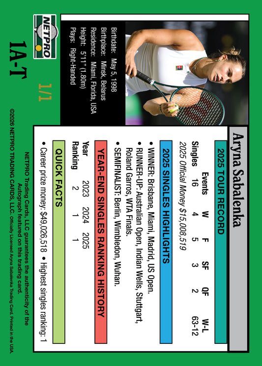 2026 NETPRO ’91 Tribute Golden Slam Autograph Aryna Sabalenka Card 1/1
