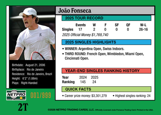 2026 NETPRO ’91 Tribute Joao Fonseca Rookie Card /999