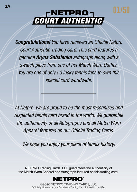 2026 NETPRO International Series Dual Jersey Autograph Aryna Sabalenka Card /50