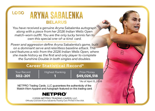 2026 NETPRO Limitless Autograph LOGO Jersey Aryna Sabalenka Card 1/1