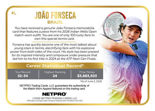 2026 NETPRO Limitless Jersey Joao Fonseca Rookie Card /100