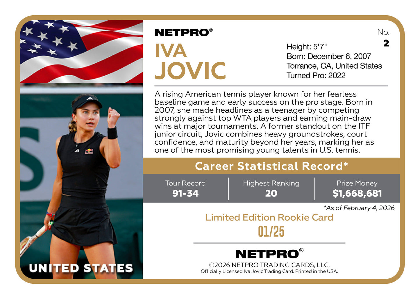 2026 NETPRO Premium Rainbow Black Iva Jovic Rookie Card /25