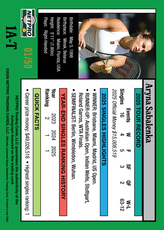 2026 NETPRO ’91 Tribute Autograph Aryna Sabalenka Card /50