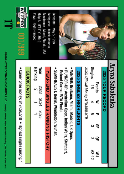 2026 NETPRO ’91 Tribute Aryna Sabalenka Card /999