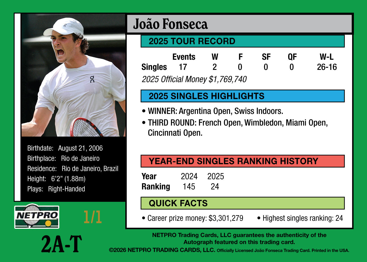 2026 NETPRO ’91 Tribute Golden Slam Autograph Joao Fonseca Rookie Card 1/1