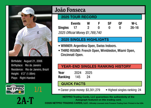 2026 NETPRO ’91 Tribute Golden Slam Autograph Joao Fonseca Rookie Card 1/1