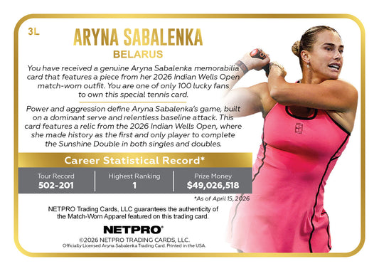 2026 NETPRO Limitless Jersey Aryna Sabalenka Card /100