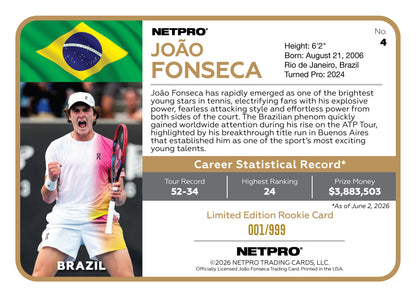 2026 NETPRO Joao Fonseca Rookie Card /999