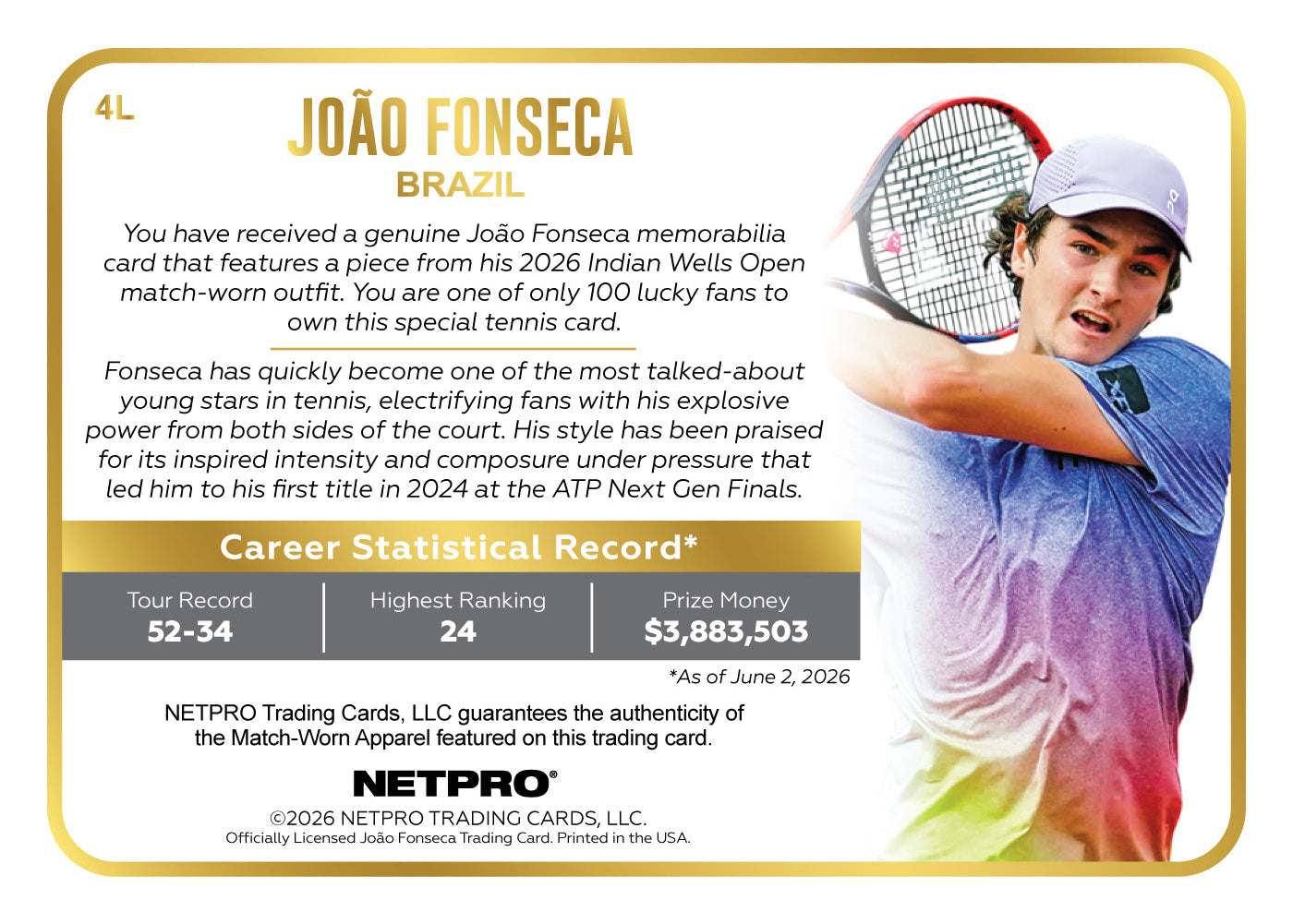 2026 NETPRO Limitless Jersey Joao Fonseca Rookie Card /100