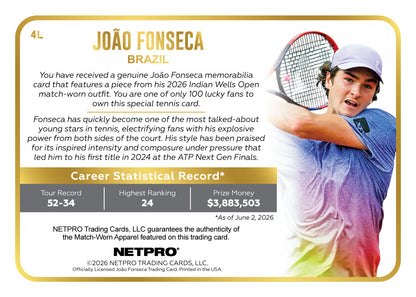 2026 NETPRO Limitless Jersey Joao Fonseca Rookie Card /100