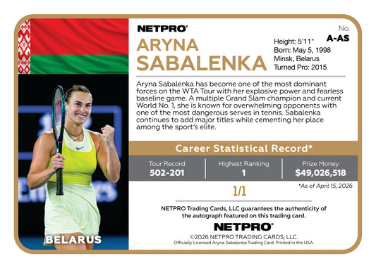 2026 NETPRO Golden Slam Autograph Aryna Sabalenka Card 1/1