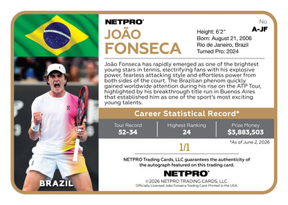 2026 NETPRO Premium Golden Slam Autograph Joao Fonseca Rookie Card 1/1