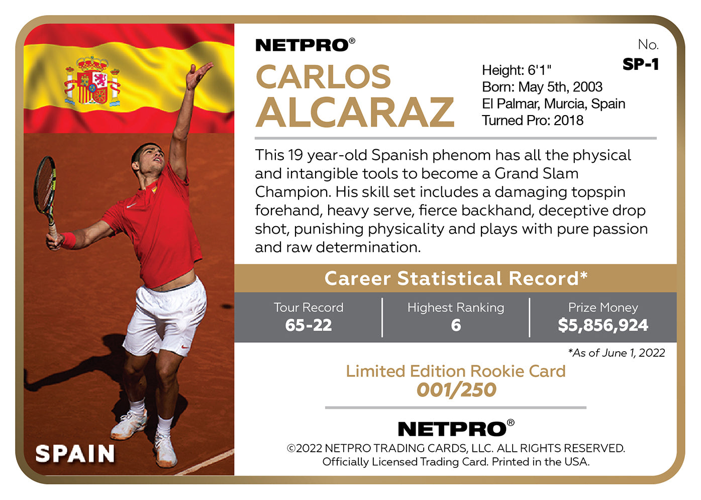 2022 NETPRO Premium Rainbow Red Shirt Carlos Alcaraz Rookie Card /250