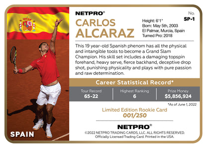 2022 NETPRO Premium Rainbow Red Shirt Carlos Alcaraz Rookie Card /250