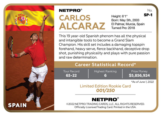 2022 NETPRO Premium Rainbow Red Shirt Carlos Alcaraz Rookie Card /250