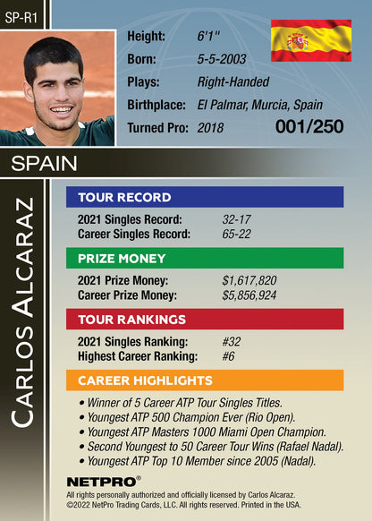 2022 NETPRO Premium Rainbow Celebration Carlos Alcaraz Rookie Card /250