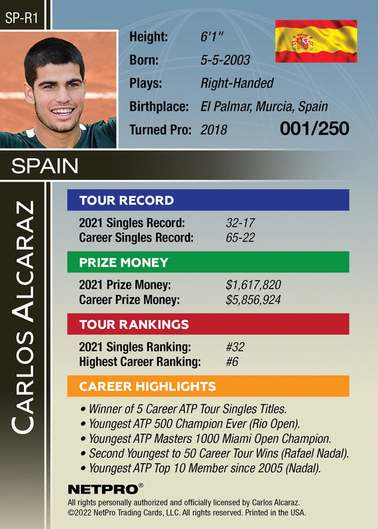 2022 NETPRO Premium Rainbow Celebration Carlos Alcaraz Rookie Card /250