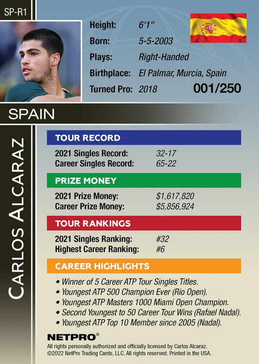 2022 NETPRO Premium Rainbow Action Carlos Alcaraz Rookie Card /250