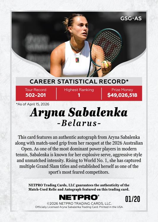 2026 NETPRO Grand Slam Grip Autograph Aryna Sabalenka Card /20