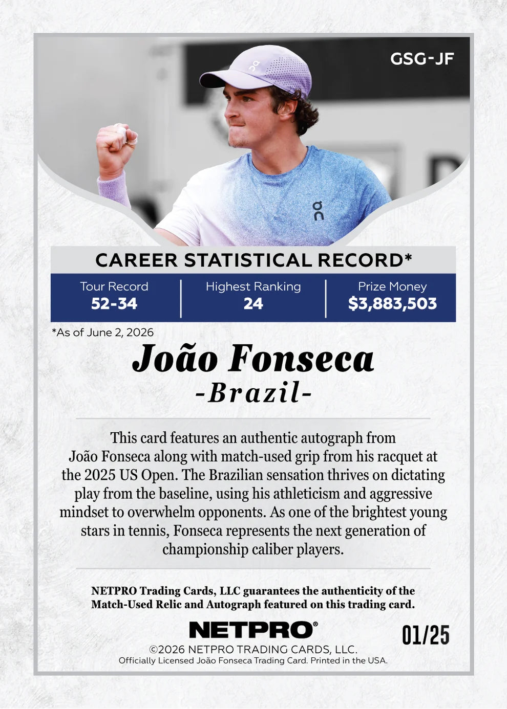 2026 NETPRO Grand Slam Grip Autograph Joao Fonseca Rookie Card /25
