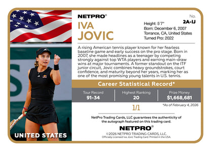 2026 NETPRO Premium Golden Slam Autograph Iva Jovic Rookie Card 1/1
