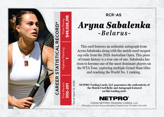2026 NETPRO Racquet Cap Relic Autograph Aryna Sabalenka Card 1/1