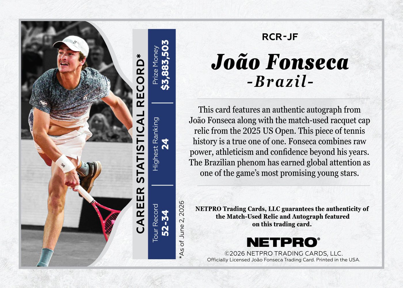2026 NETPRO Racquet Cap Relic Autograph Joao Fonseca Rookie Card 1/1