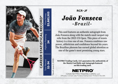 2026 NETPRO Racquet Cap Relic Autograph Joao Fonseca Rookie Card 1/1