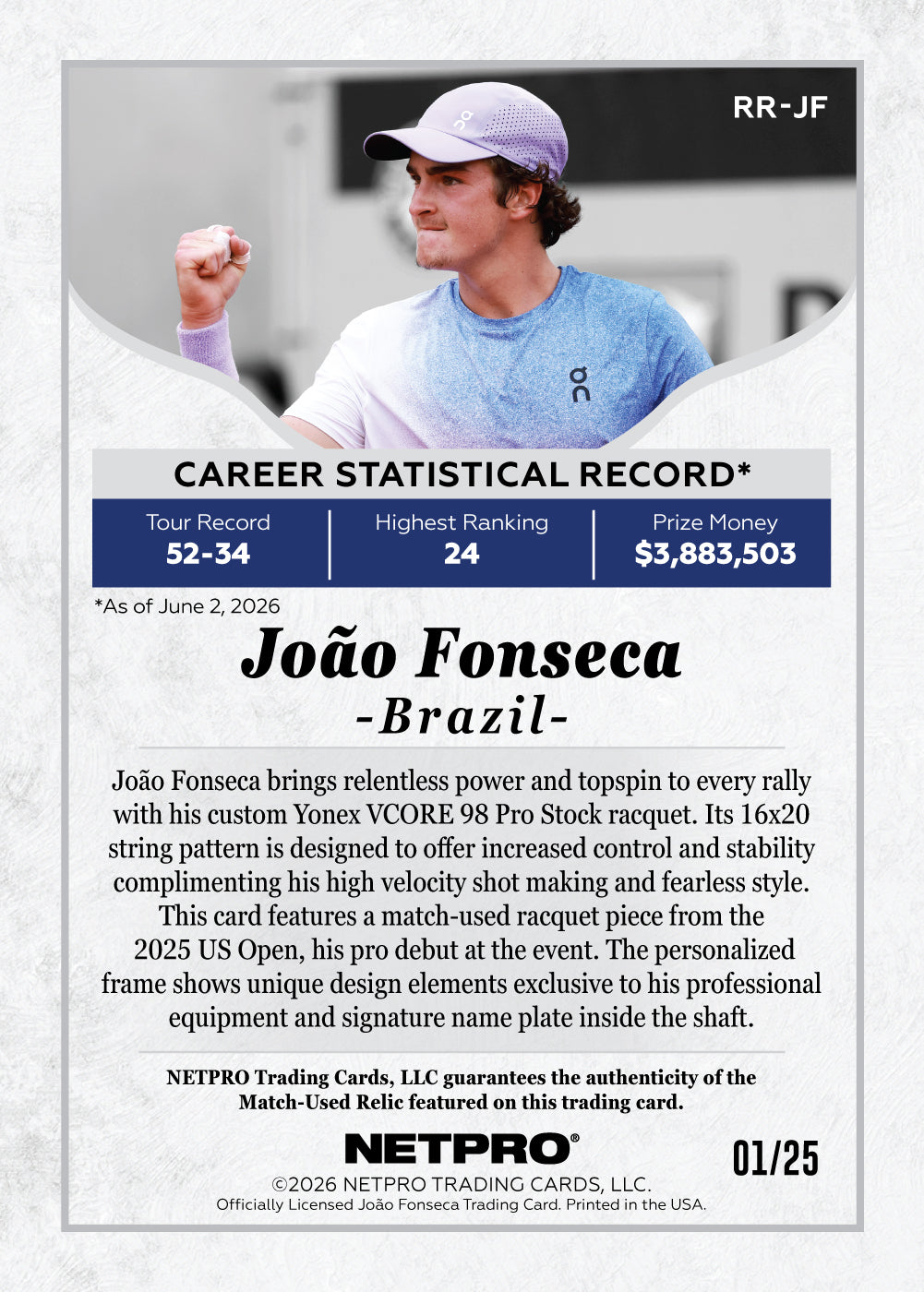 2026 NETPRO Racquet Relic Joao Fonseca Rookie Card /25