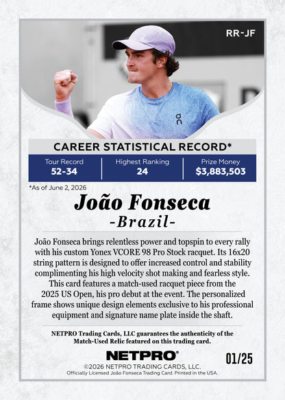 2026 NETPRO Racquet Relic Joao Fonseca Rookie Card /25