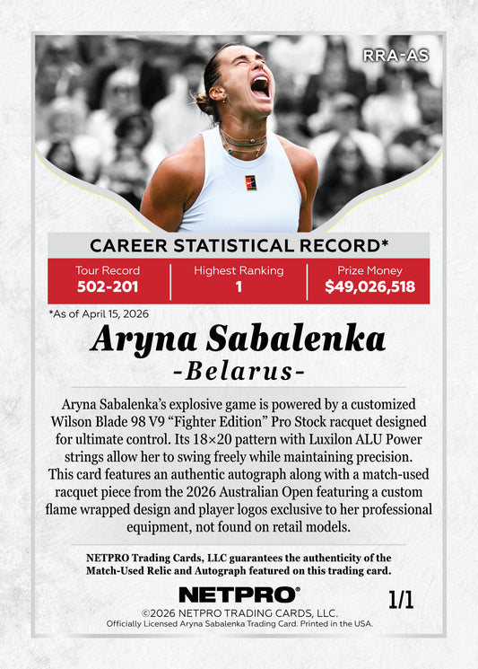 2026 NETPRO Racquet Relic Tiger Logo Autograph Aryna Sabalenka Card 1/1