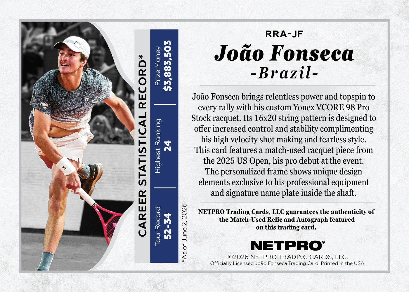 2026 NETPRO Racquet Relic Nameplate Autograph Joao Fonseca Rookie Card 1/1