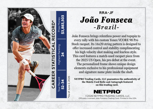 2026 NETPRO Racquet Relic Nameplate Autograph Joao Fonseca Rookie Card 1/1